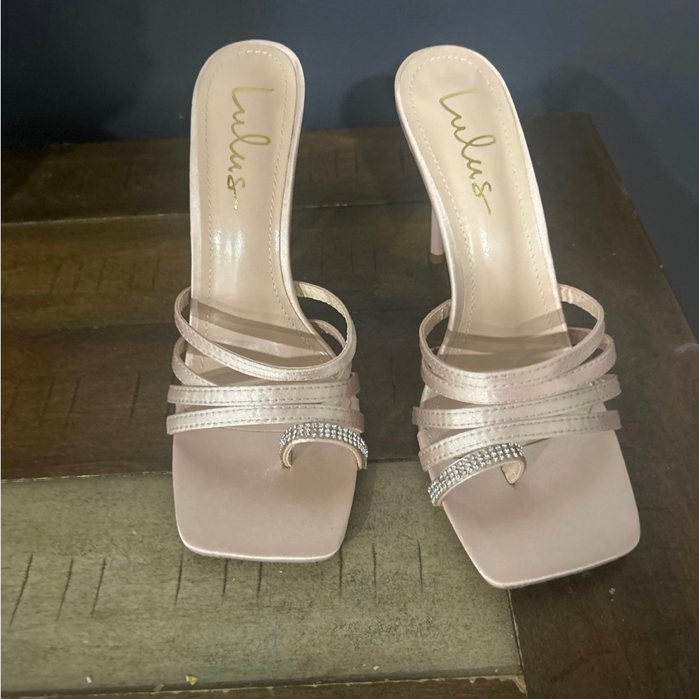 Juen Light Nude Satin Rhinestone High Heel Slide Sandals